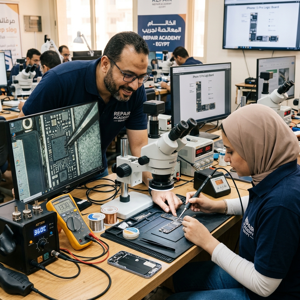 تدريب صيانة المحمول تحت الميكروسكوب